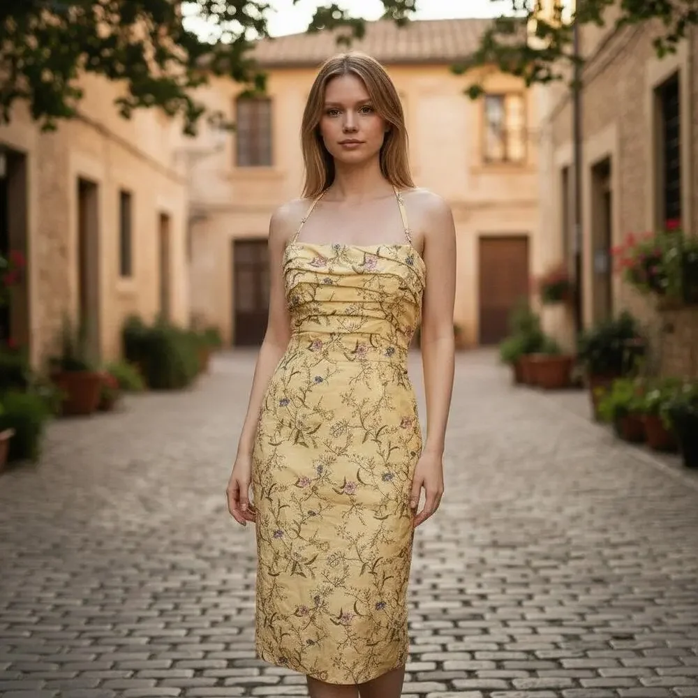 Pamela Dennis Couture Yellow Floral 100% Silk Evening Down Vintage 90's Sz 6 - Picture 2 of 12